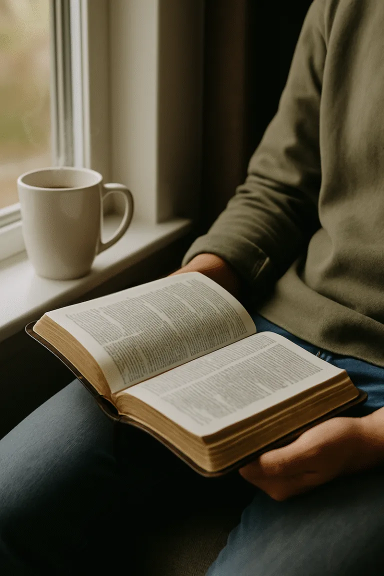 An open Bible resting on a person’s lap near a softly lit window, with a steaming cup of coffee on the windowsill—capturing a peaceful moment of reflection.
