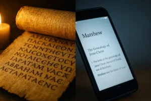 Split image: on the left, an ancient parchment scroll with Greek text; on the right, a smartphone displaying the Gospel of Matthew
