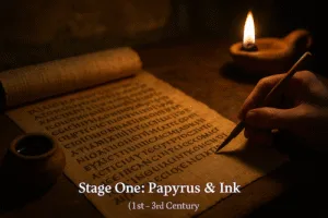 Candle-lit still life of a 2nd-century scribe’s desk with papyrus scroll, reed pen, ink pot, and oil lamp