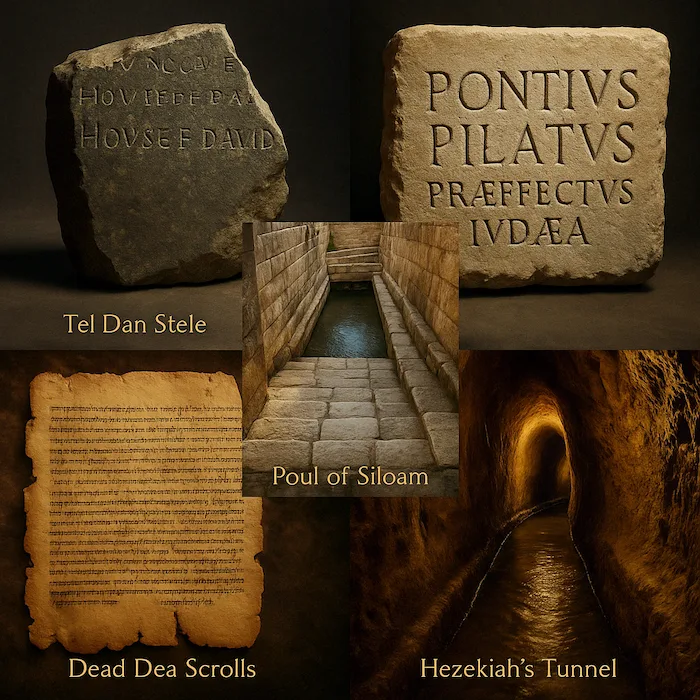 A warm‑toned collage featuring five biblical archaeology highlights: the Tel Dan Stele (top‑left), Pontius Pilate Stone (top‑right), Pool of Siloam steps (center), a fragment of the Dead Sea Scrolls (bottom‑left), and the water‑filled Hezekiah’s Tunnel (bottom‑right)