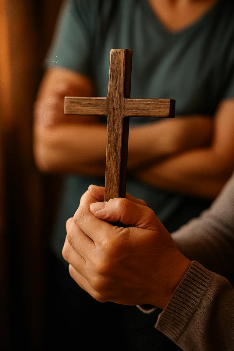 Close-up of adult hands gently holding a wooden cross, symbolizing prayer, faith, and setting boundaries with love. Soft, warm lighting evokes peace and reflection.