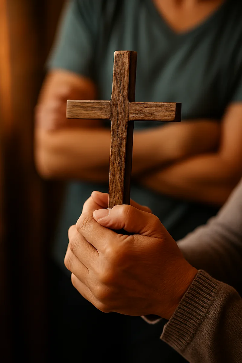 Close-up of adult hands gently holding a wooden cross, symbolizing prayer, faith, and setting boundaries with love. Soft, warm lighting evokes peace and reflection.