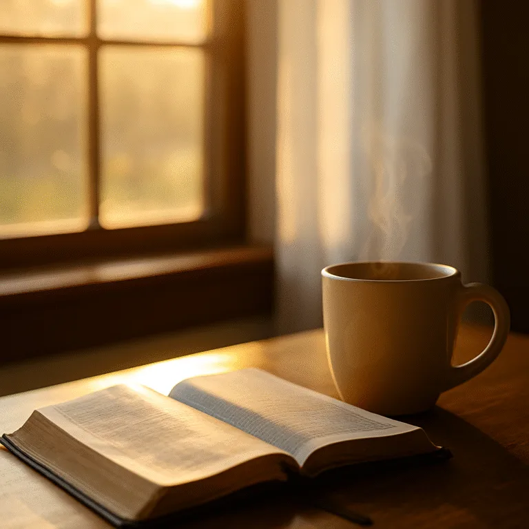 A peaceful morning scene with soft golden sunlight streaming through a window onto an open Bible and a steaming cup of coffee on a wooden table.