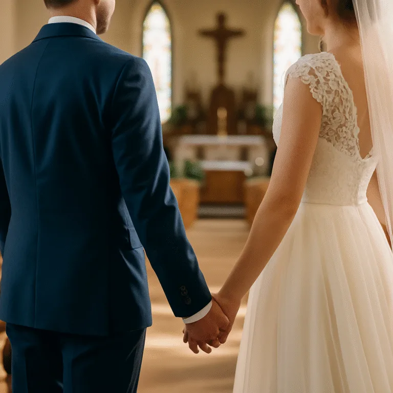 A newlywed Christian couple holding hands inside a sunlit church, standing together near the altar with soft light streaming through stained-glass windows.