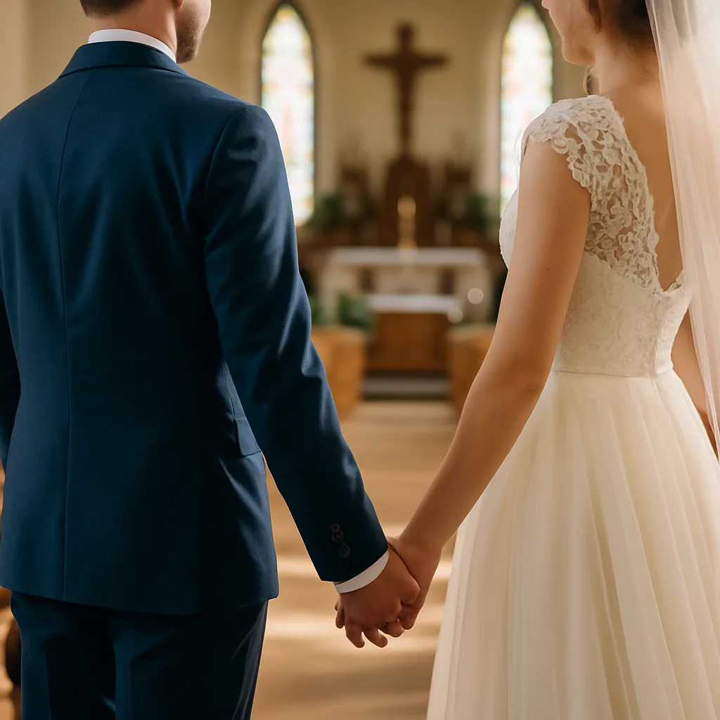 A newlywed Christian couple holding hands inside a sunlit church, standing together near the altar with soft light streaming through stained-glass windows.