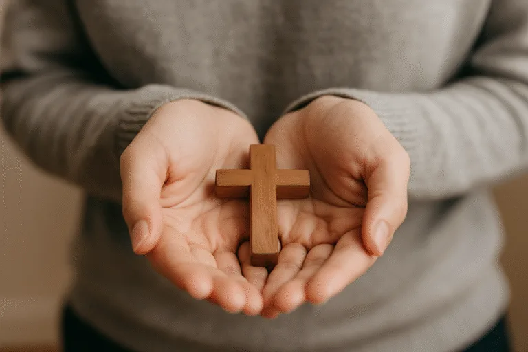 Two adult hands gently cradling a small wooden cross, symbolizing humility, repentance, and faith, with soft natural light and a blurred, peaceful background.