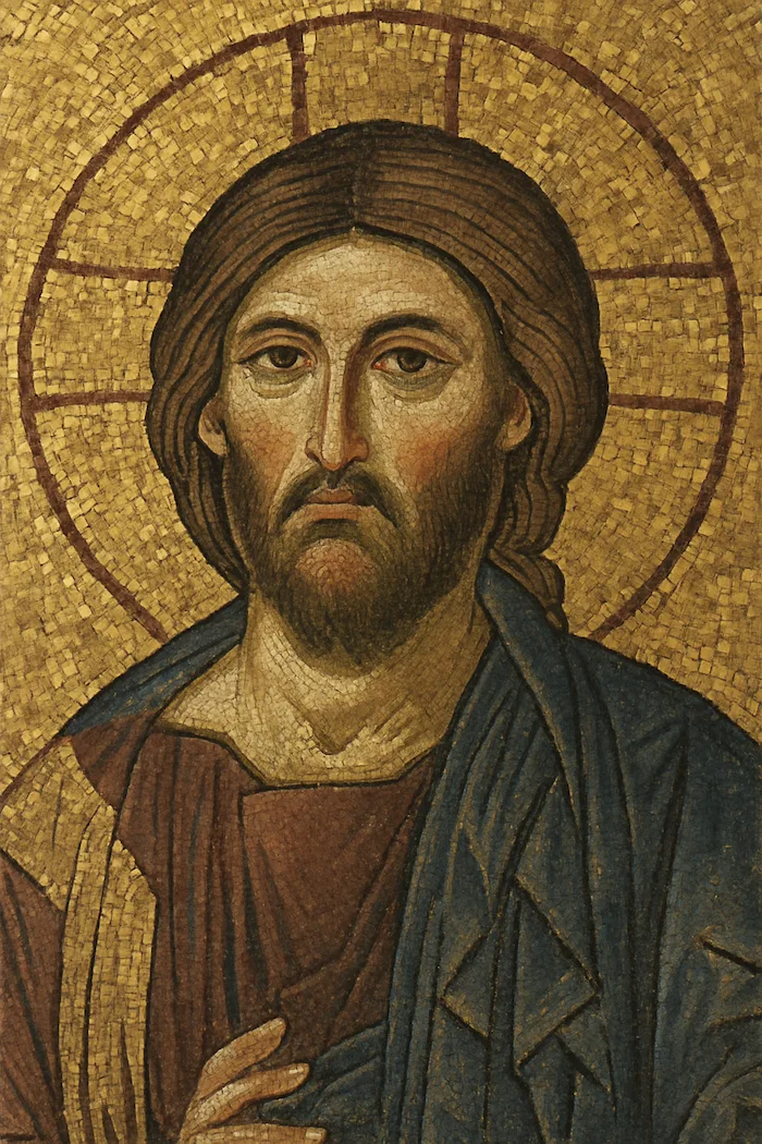 A mosaic-style depiction of Jesus Christ with Middle Eastern facial features, dark curly hair, and olive-toned skin, inspired by early Christian art and historical reconstructions.