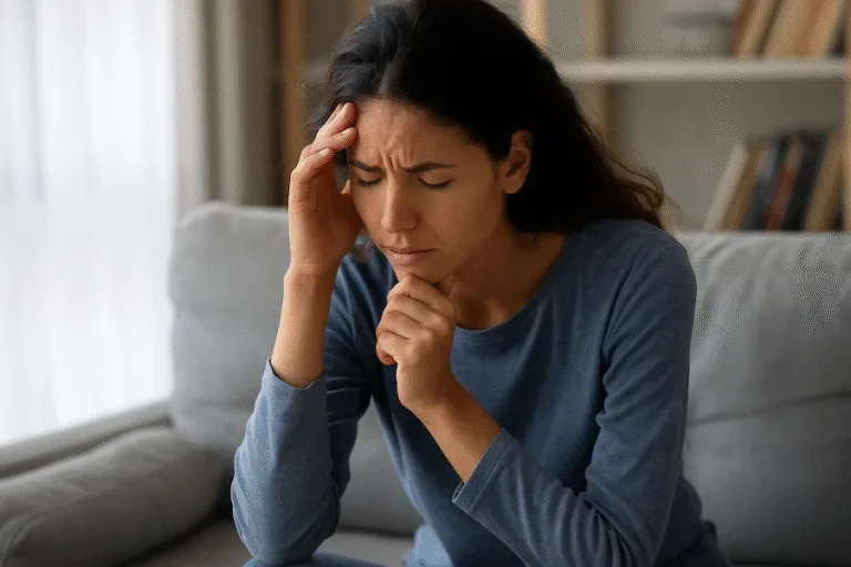A young woman sitting on a sofa with her hand on her forehead and eyes closed, showing visible signs of stress or anxiety, bathed in soft natural light from a nearby window.