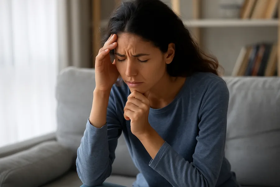 A young woman sitting on a sofa with her hand on her forehead and eyes closed, showing visible signs of stress or anxiety, bathed in soft natural light from a nearby window.