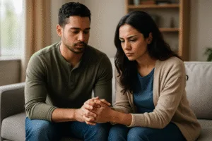A young couple with light brown skin sitting close together on a sofa, holding hands, looking serious and contemplative in soft natural light.