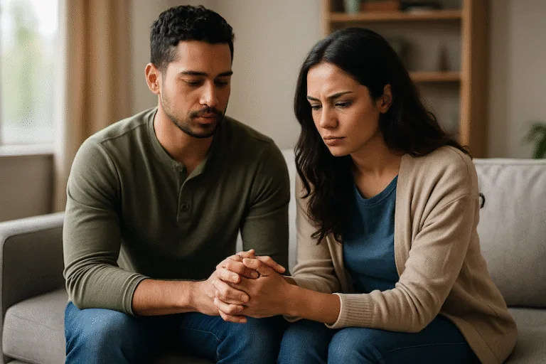 A young couple with light brown skin sitting close together on a sofa, holding hands, looking serious and contemplative in soft natural light.
