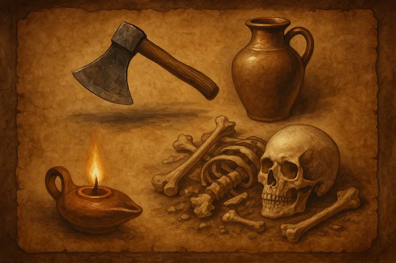 A traditional oil-style illustration on aged parchment background featuring a floating axe head, an earthenware jar, skeletal bones with a skull, and a lit terracotta oil lamp, evoking five little-known Old Testament miracles.