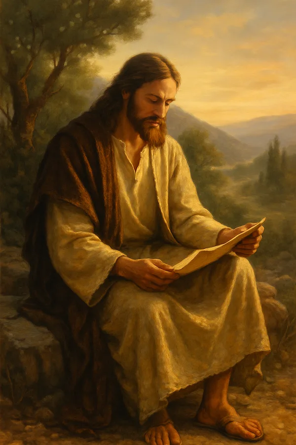 A traditional painting in warm tones showing Jesus sitting alone in a quiet, natural setting, symbolizing solitude and spiritual reflection.