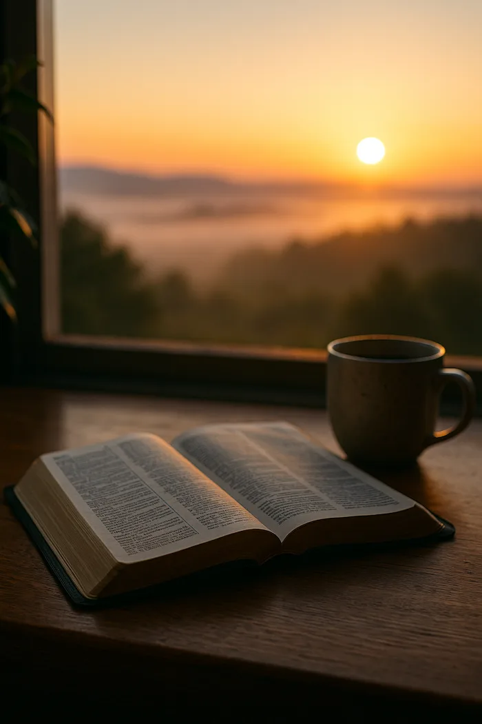 An early‑morning photo of an open Bible and a cup of tea on a wooden table, framed by sunrise light streaming through a window over misty hills—evoking calm and reflection.